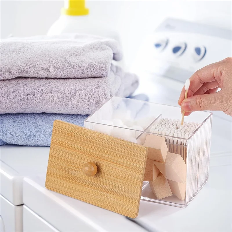 

ABPR-Qtip Holder Бамбуковая крышка Настольный ящик для хранения косметики 3-х отделений Диспенсер для ватных тампонов