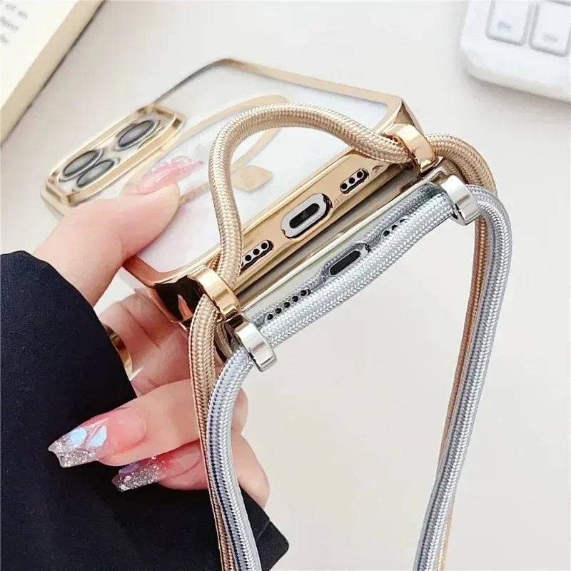 Crossboby Lanyard Phone Case For iPhone 16 15 14 13 12 Pro Max 11 For Magsafe Magnetic Necklace Cord Strap Plating Clear Cover