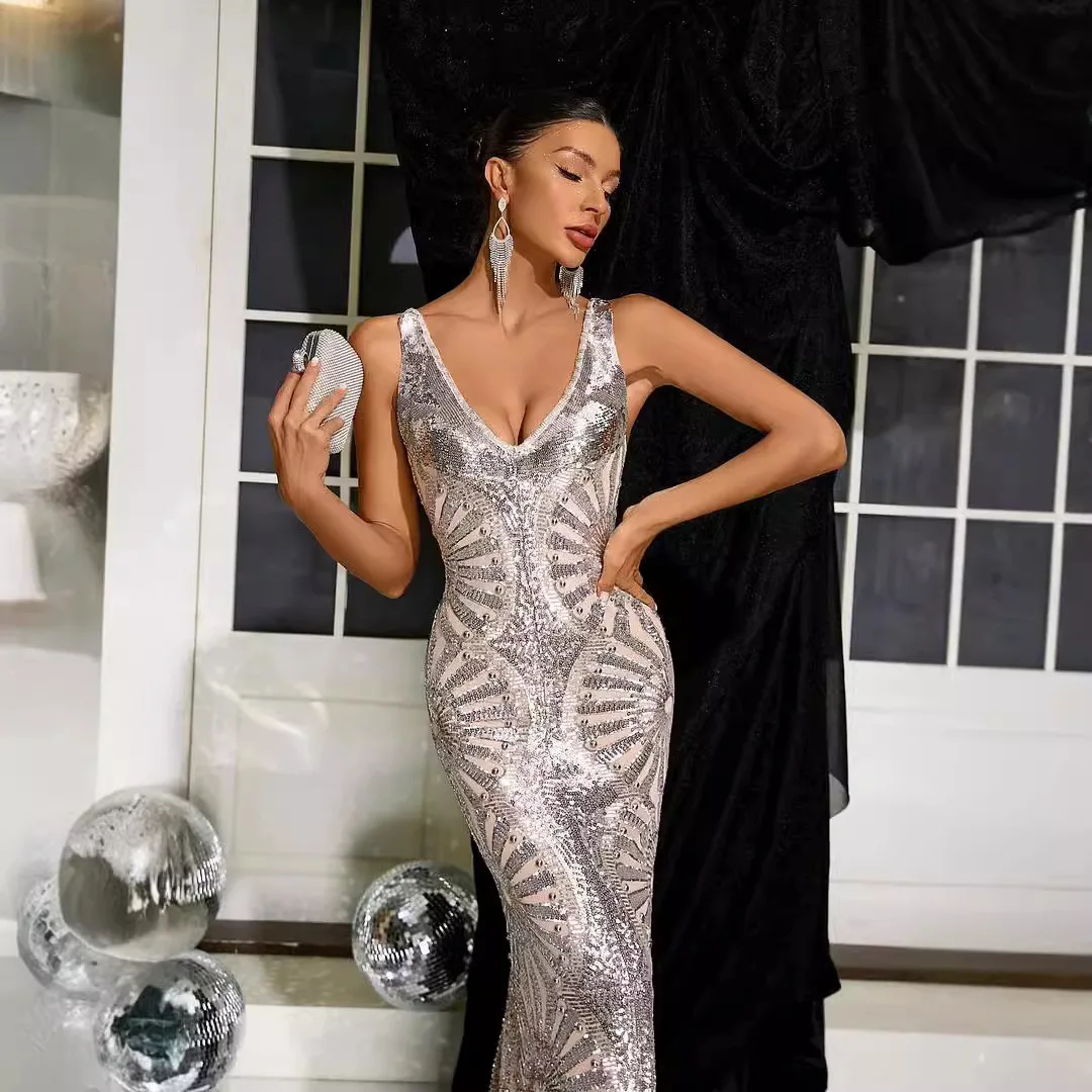 ผู้หญิงชุดราตรียาวกระโปรง High End ปัก Silver Sequins เซ็กซี่ V คองานแต่งงานพรหม Elegant Dress