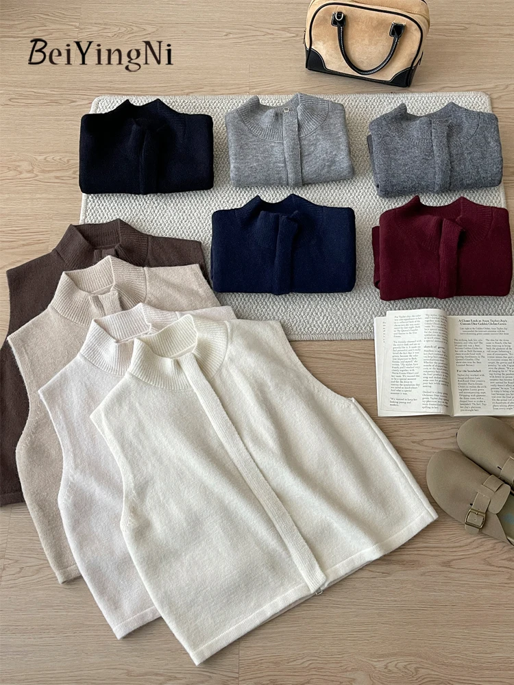 

Beiyingni Korean Zipper Sleeveless Cardigan Women Autumn Winter Casual Woman's Knitted Vest Plain All-match Outwear Sweaters