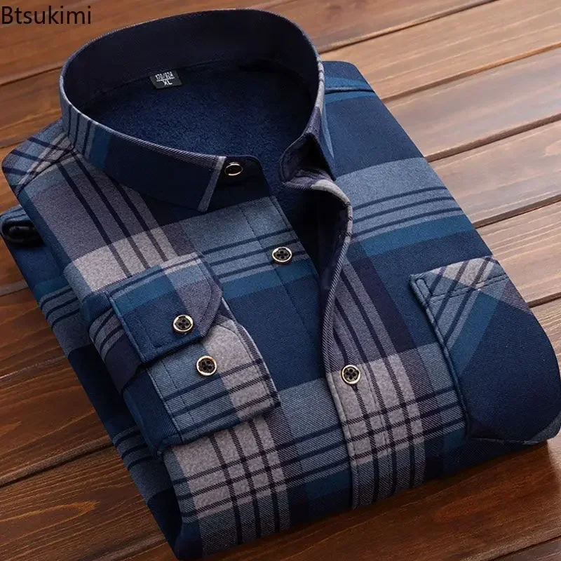 Fashion New Men\'s Casual Warm Shirts Autumn Winter Long Sleeve Plaid Printed Fleece Thicker Shirt Business Social Blouse for Men