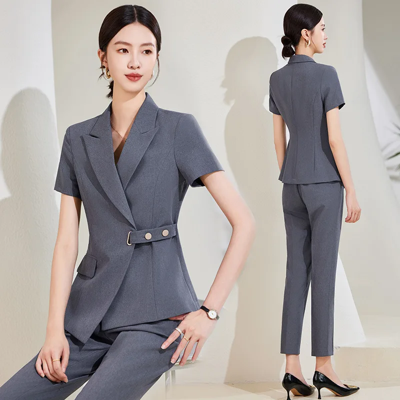 Gray Summer Fashion Short Sleeve Business Wear Women's Suit High-End Hotel Front Desk Jewelry Shop Workwear