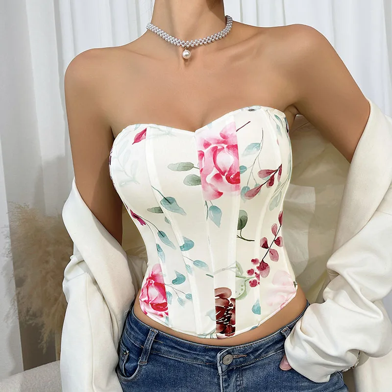 

Sexy Low Cut Backless Floral Wrap Chest Diamond Fishbone Waist Cinched Ultra Short Strapless Top Women's Vest Tank Top