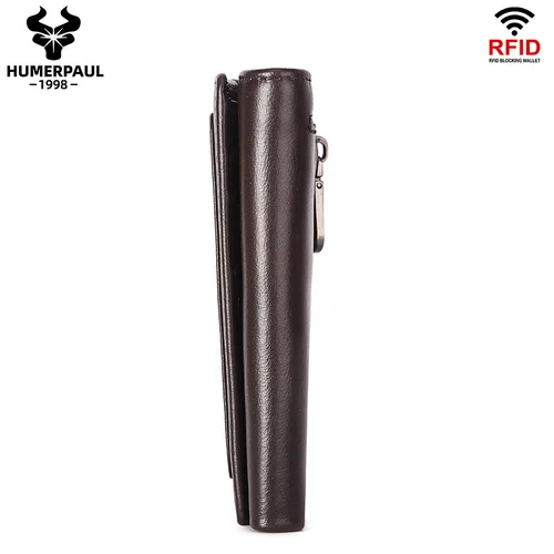 Imagen 2 del producto HUMERPAUL-billetera corta triple de cuero genuino para hombre, monedero con cremallera de alta calidad, tarjetero RFID delgado, bolsas para dinero