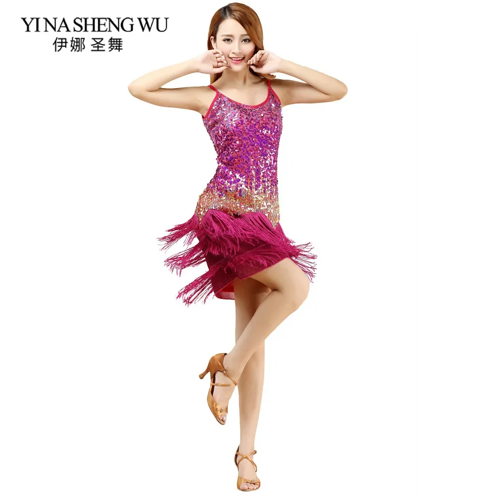 

Новые сексуальные платья для латинских танцев на бретельках, женские платья для бальных танцев, латинская сальса, самба, танцевальная одежда с кисточками и блестками, платье для соревнований по латинским танцам