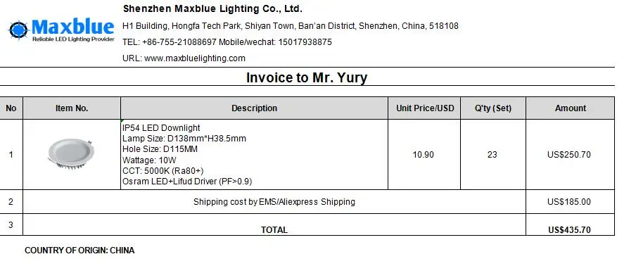 Invoice To Mr. Yury