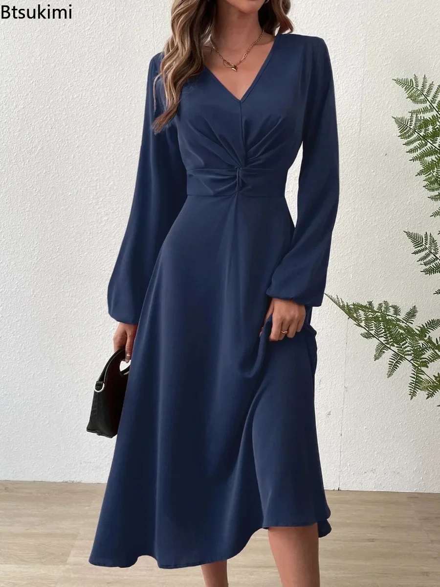 

Women's Autumn Winter Dresses Sexy Elegant Long Skirt French V-neck Temperament Commuter A-line High-waisted Dress Evening Gown