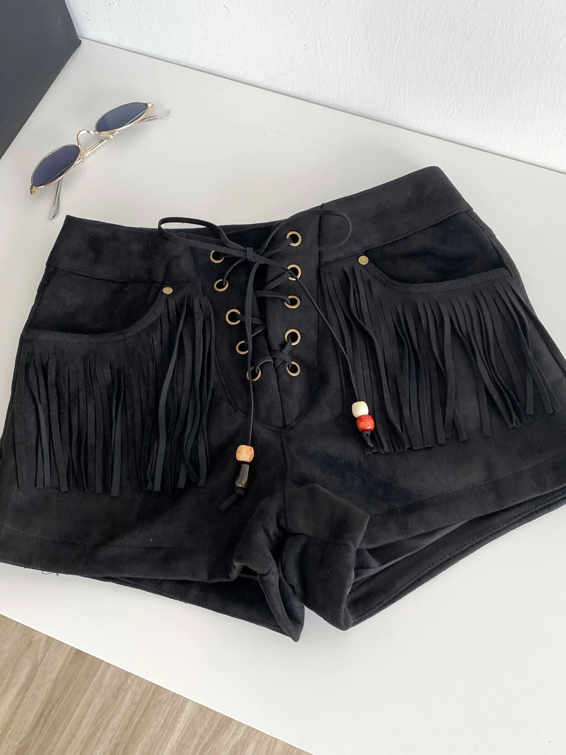 Pantalones Retro americanos de piel de ciervo de terciopelo para mujer, pantalones de pierna ancha de cintura alta, diseño de borla, informal, para ir al trabajo, verano 2025