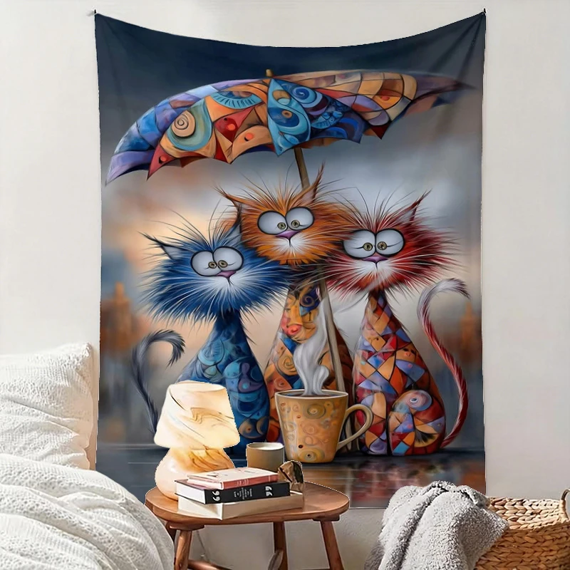 1PC Colorful Cat Umbrella Art Print Backdrop Banner, Bedroom Living Room Photo Background, Polyester, Home Decor, Wall Art