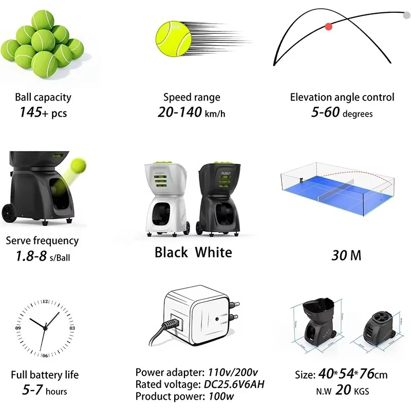 Padel Machine Ball Thrower Pusun PT-MAX C Tennis Ball Launcher With App/Remote Control