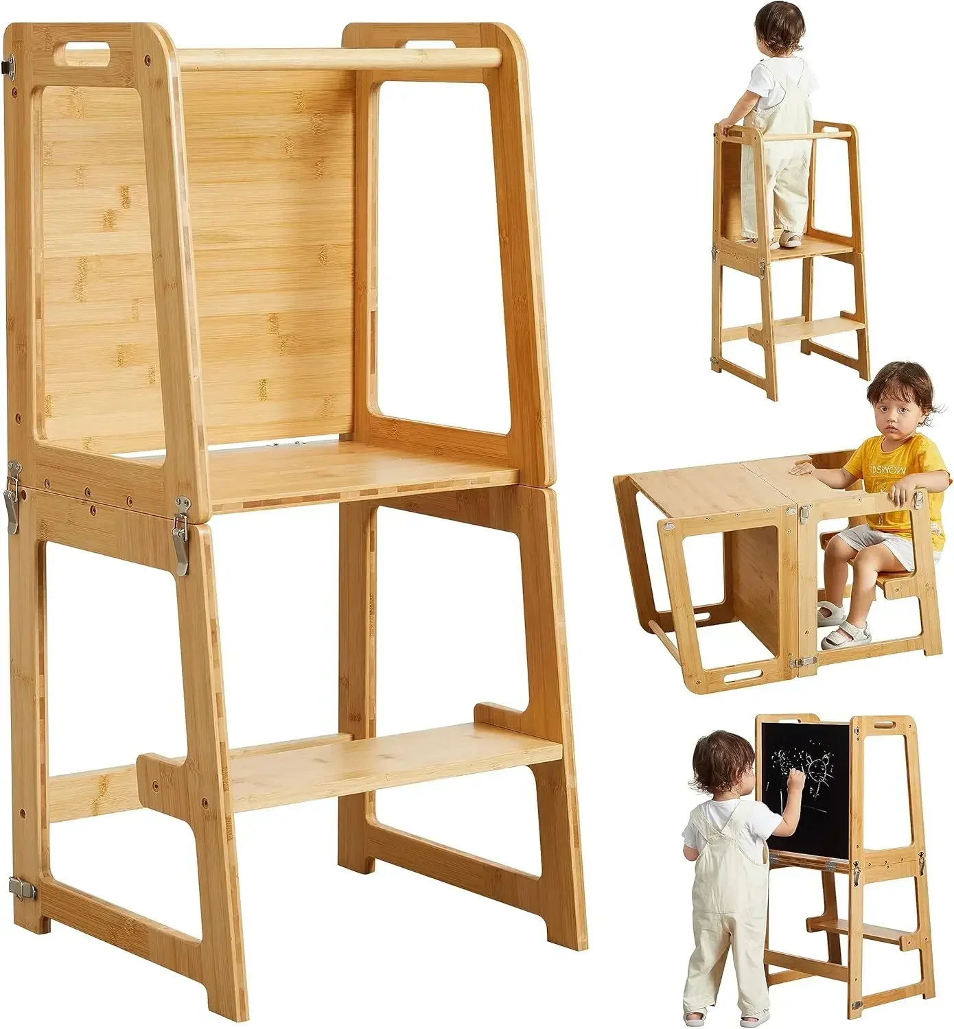 Tower for Toddlers and Kids 1-6 Years, Bamboo Kitchen Learning Helper Stool with Chalkboard, Desk Table, and Chair (Natural)