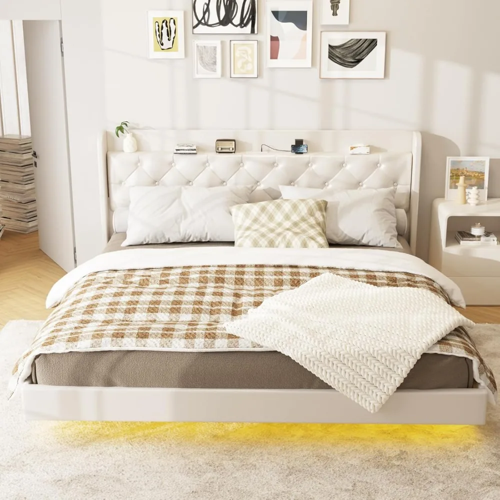 إطار سرير عائم بحجم كينج مع أضواء LED، سرير منجد بمنصة من جلد البولي يوريثان مع محطة شحن ولوح رأسي معنقدة بزر