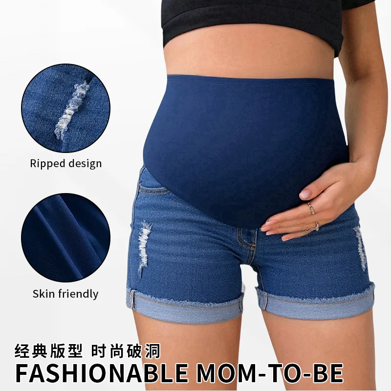 European and American Maternity Denim Shorts Summer Top Pants Simple Perforated Thin Maternity Pants