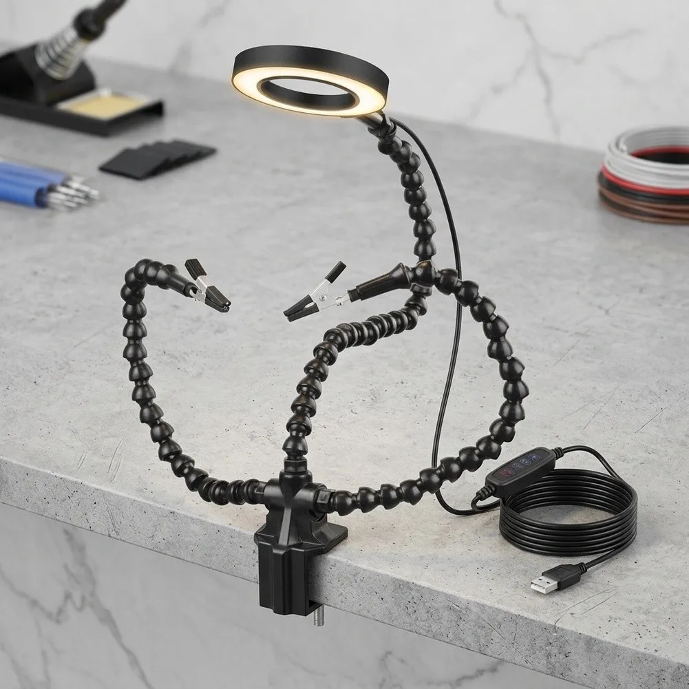 Flexible Soldering Helping Hands with 5-Arm Adjustable Clamp and Built-in USB LED Ring Light for PCB Work and Electronics Repair