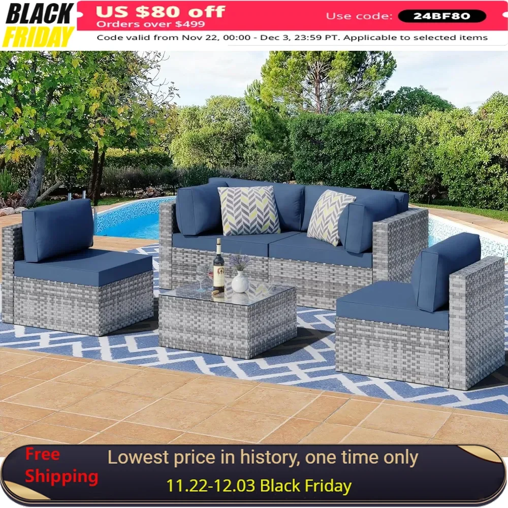 

Garden Sofa, 5-Piece, All Weather Combo Patio Sofa, Wicker Hand-Woven Combo with Cushions and Glass Table, Patio Sofa Set