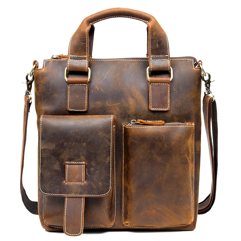 Crazy Horse Leather Handbag Leather Men's Bag Casual Leather Briefcase Retro Handmade Shoulder Crossbody Bag