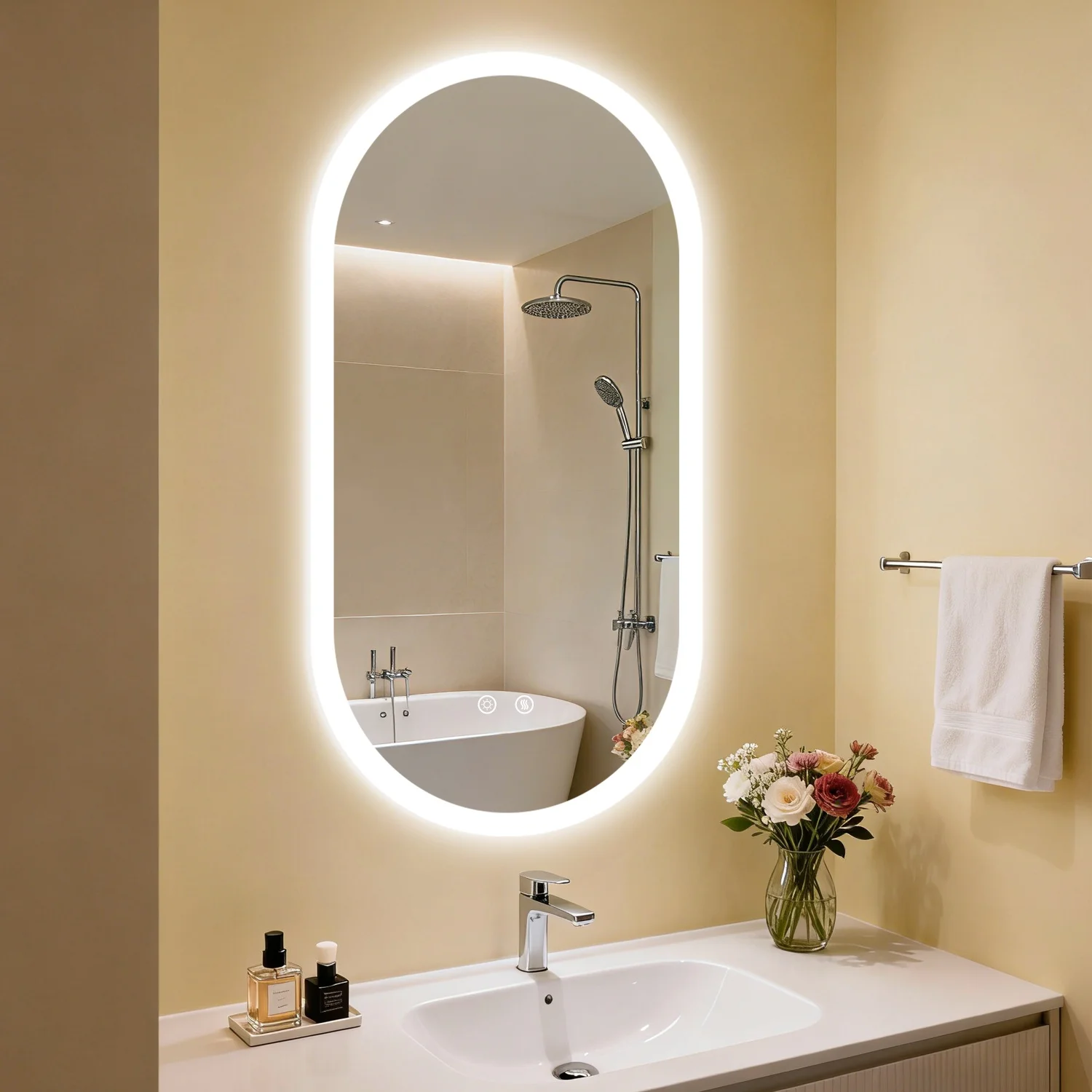 80/100/120CM Long Oval LED Bathroom Mirror Backlit Wall Mounted Illuminated Bathroom Vanity Mirror Memory Function Anti-Fog