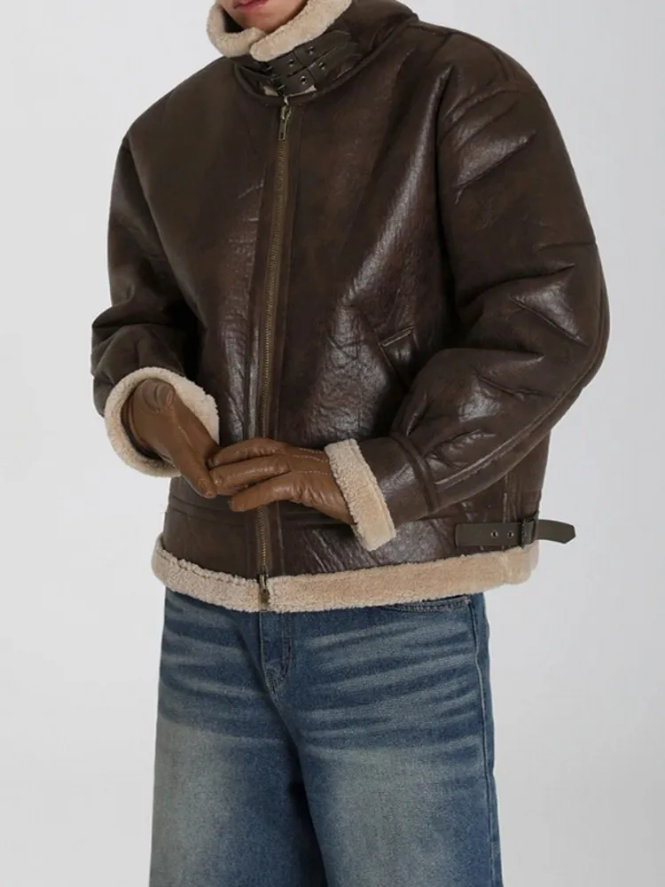 Winter Men Thicken Warm Motorcycle Jacket Loose Fit PU Leather Lambswool Turn Down Collar Short Coat Streetwear Casual Outerwear