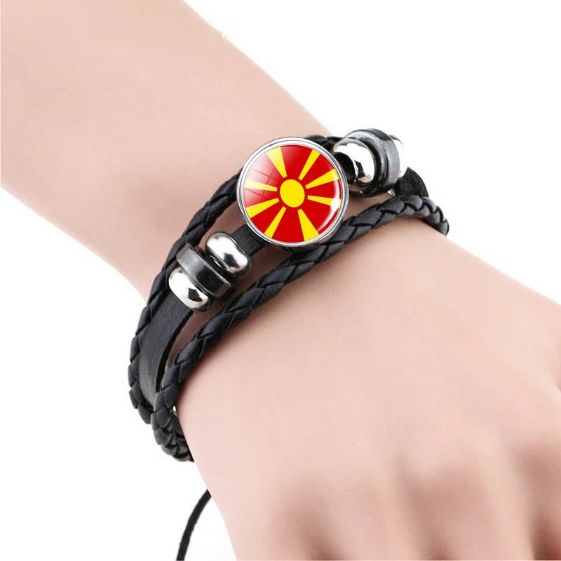 Southern European Flag Collection Silly Punk Bracelet Men's Black Leather Italy Spain Portugal Macedonia Greece Flag Bracelet