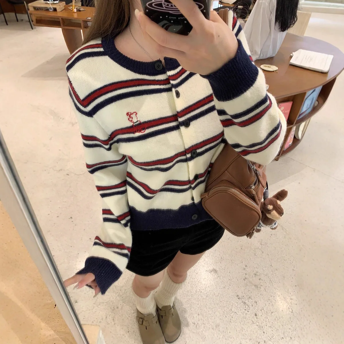 2026 Cute Puppy Print Women Long Sleeve Knit Top Striped Crew Neck Open Cardigan Lazy Style Fashion Versatile Casual New Tops