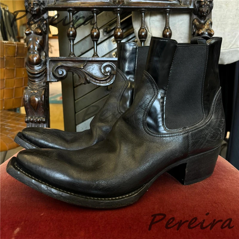 

Retro Pleated Chelsea Boots Black Brown Pointed Toe Mid Heel Ankle Boots Spring Summer Fashion Handmade Leather Men's Shoes