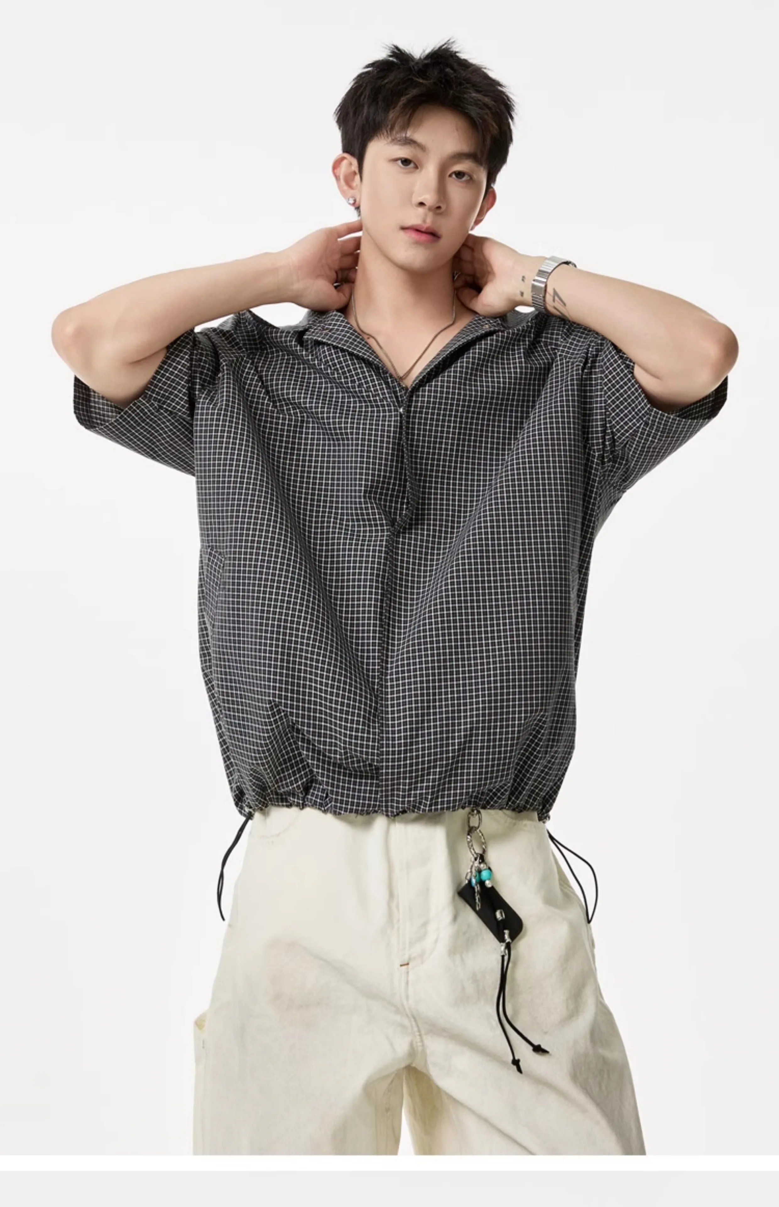 2025 Summer Japanese Retro Style Plaid Short Sleeve Men's Black Navy Blue Shirt Loose Draped Trendy White Blue Shirt