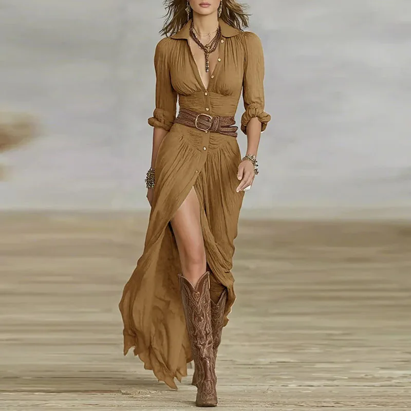 Vrouw Jurken 2023 Nieuwe Franse Retro V-hals Gordel Slanke Geplooide Lange Jurk Herfst Single Breasted Lange Mouw Split Bohemian Jurk