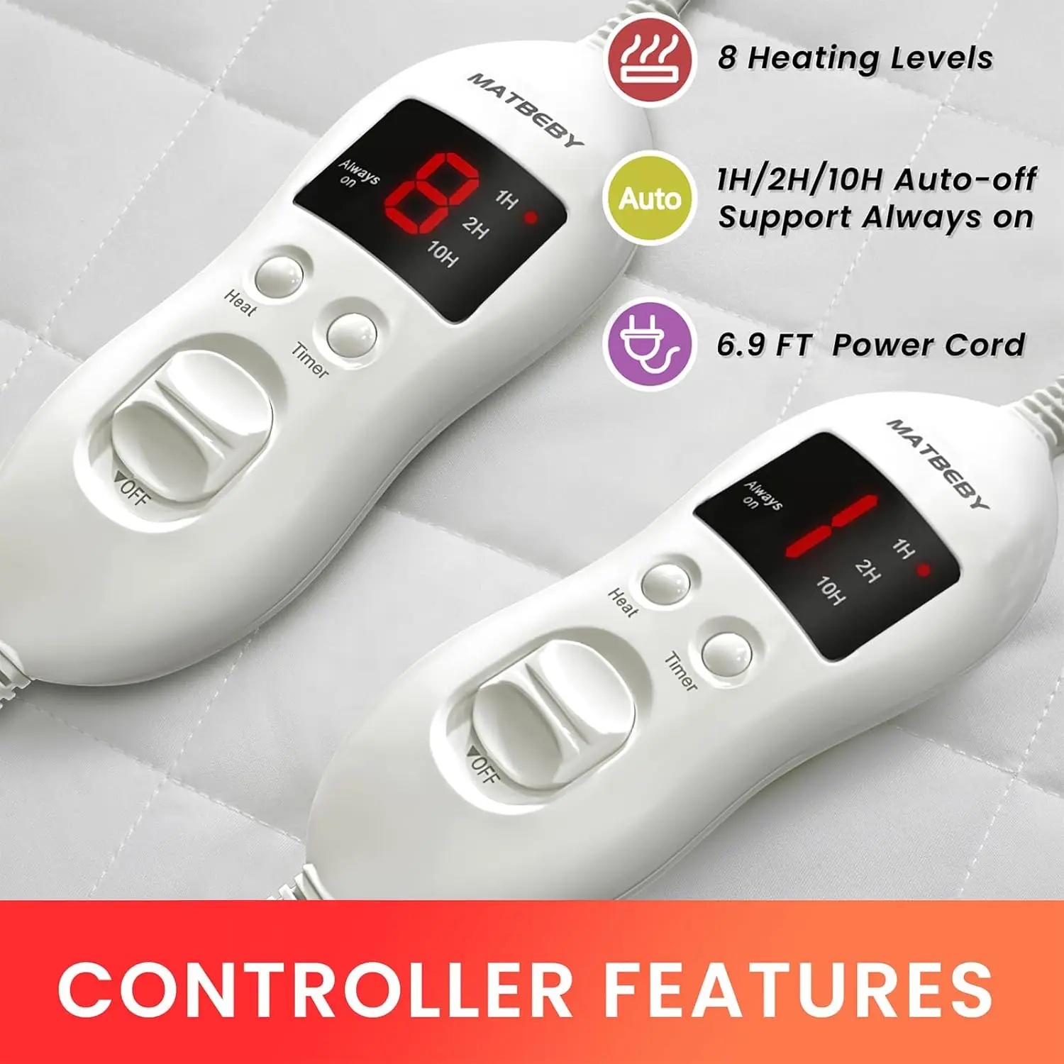 Queen Size Electric Heated Mattress Pad with Dual Control, 8 Heat Settings, Auto Shut Off, UL Certified, Machine Washable