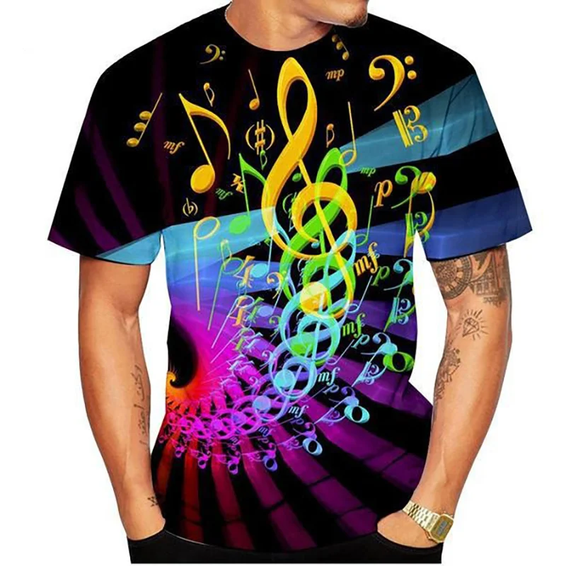 3D Print Music Note T Shirt Men's Colorful Fashion Pattern Tees Summer Harajuku Round Neck Tops Oversized T-Shirts Short Sleeves