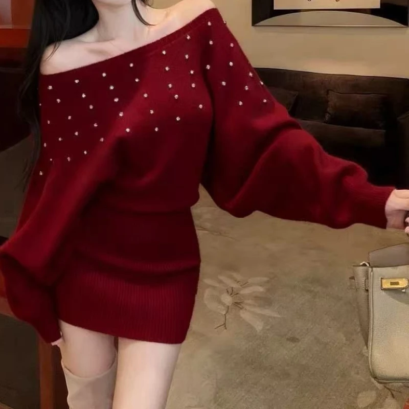 

Hot Stamping Knitted Dress for Women's Autumn and Winter New Style Sexy Shoulder Bag Hip Skirt Fashionable Sweater