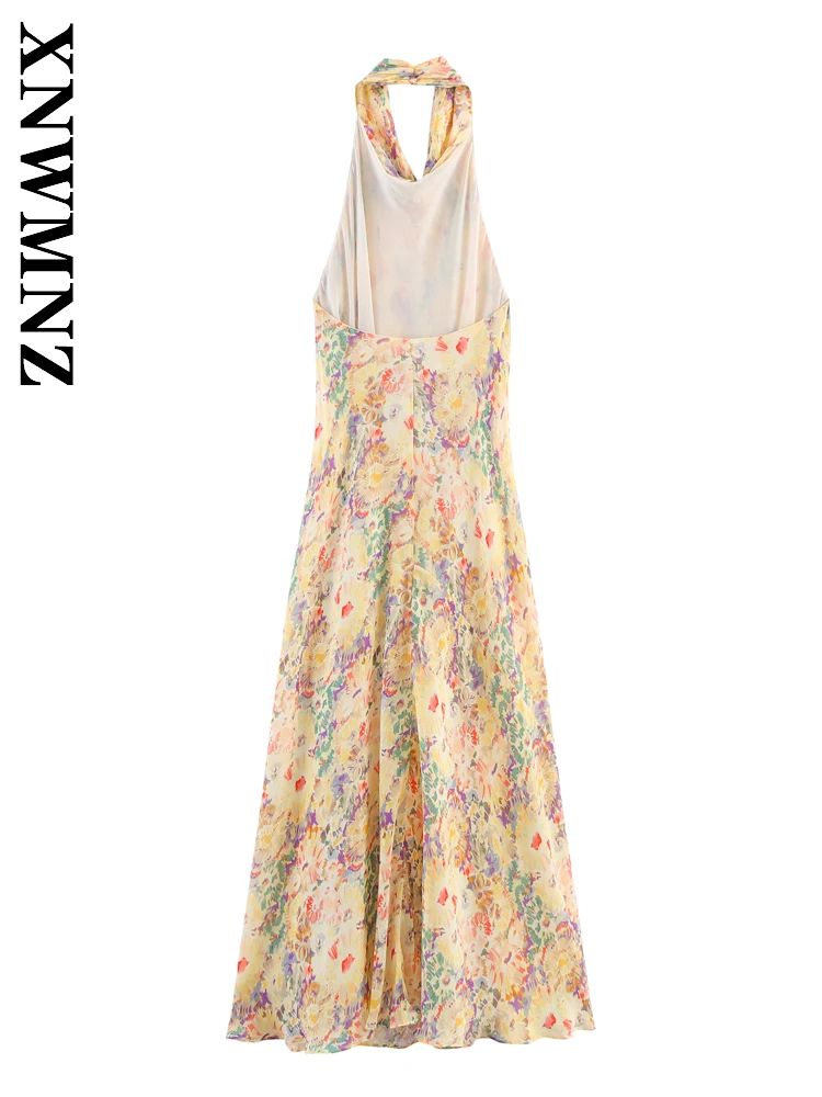 XNWMNZ 2025 ฤดูร้อนใหม่ Lady Chic Boho Halter ชุดเดรสยาววันหยุดเซ็กซี่ผู้หญิงเสื้อผ้าแฟชั่น Backless ชุดดอกไม้