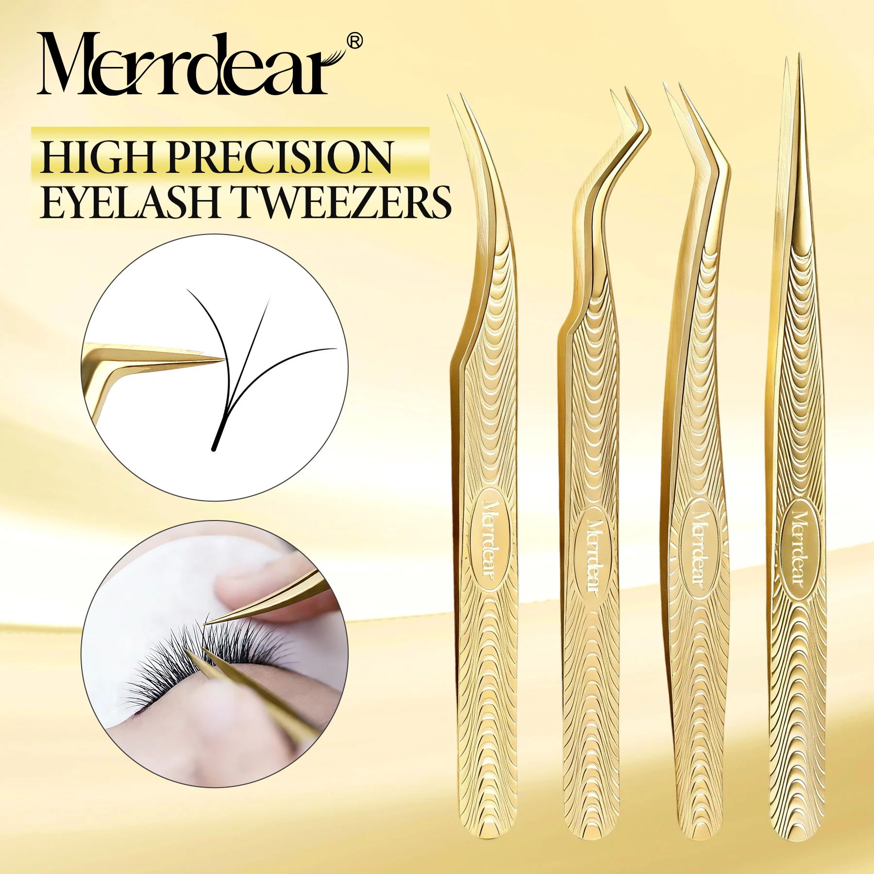 Merrdear Anti-Slip Eyelash Tweezers Fiber Tip Gold Stainless Steel Lash Pickup Tool for Volume Fans Classic Lash Isolation