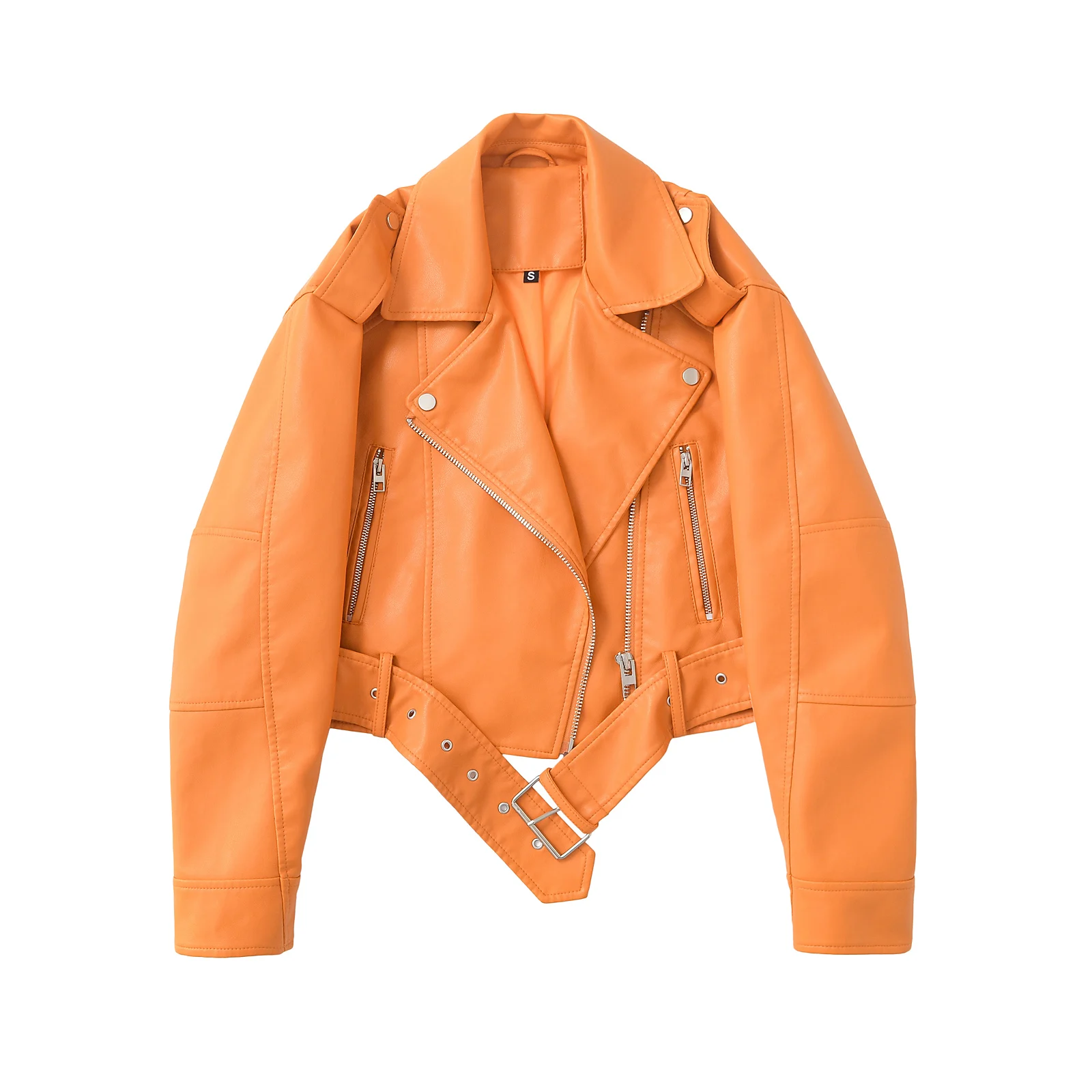 

Autumn Winter women's PU Leather Jacket Lady Lapel Motorcycle Leather Outwear Casual Orange Coat Chic Tops