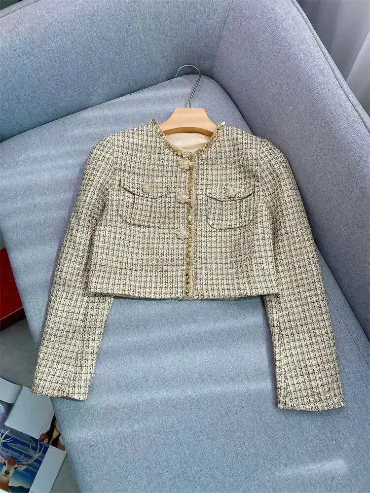 Quality Autumn Winter Beading Diamonds Gold Button Tweed Two Piece Set Women Dress Suits Jackets Coats Short Skirts 2pcs Outfits