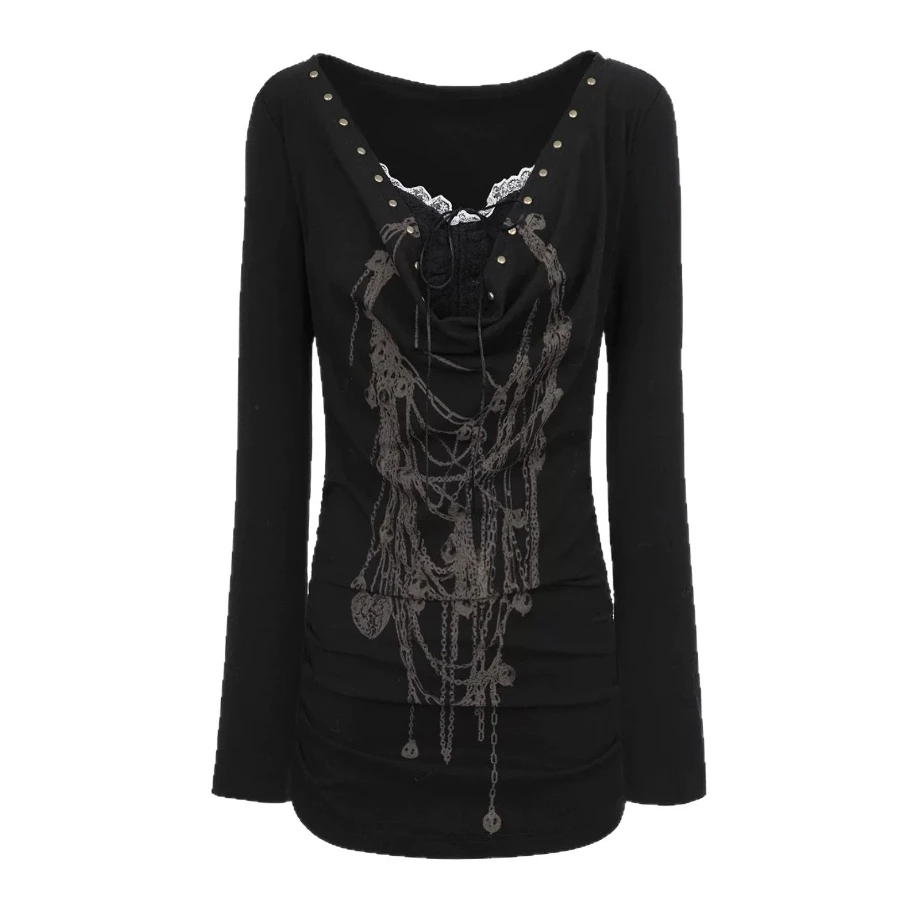Damska koszulka z długim rękawem w stylu amerykańskim, z koronkowymi wstawkami, dopasowany krój, warstwa bazowa, styl Y2K vintage, ciemny styl, imitacja dwuczęściowej, modny top.