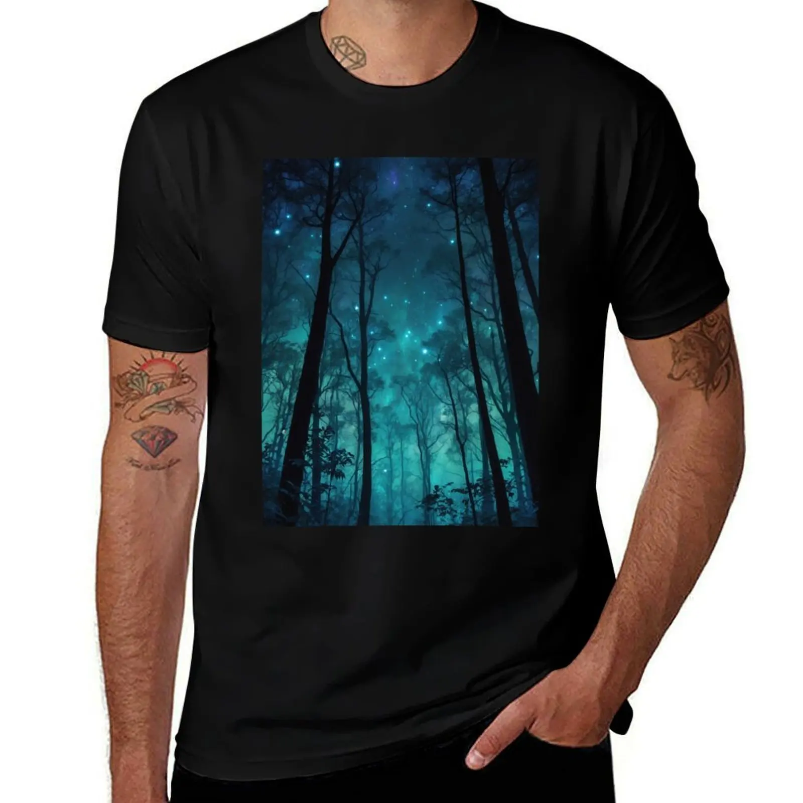 

Mystical Forest with Glowing Blue Fireflies at Night T-Shirt boys whites anime stuff t shirt for men