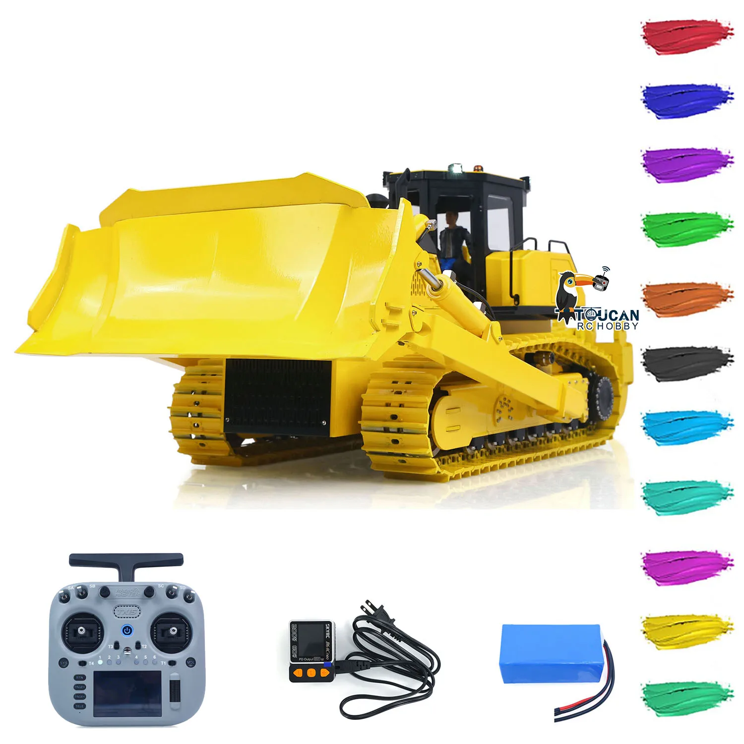 Bulldozer Hidráulico RC de Metal 1/12 D155AX RTR, Máquina Topadora Pesada con Bomba de Válvula de 7 Vías, 5 Pluviadoras, Sonido de Camión y Control Remoto RadioMaster TX15