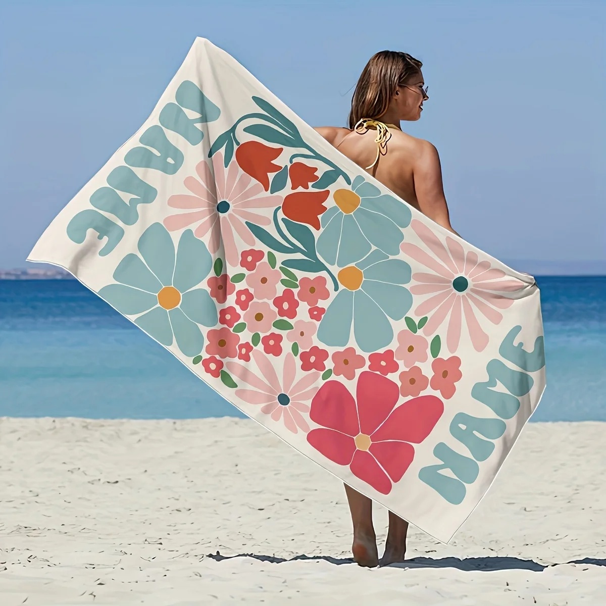 Personalized flowers Beach Towel Custom Name/Logo Oversized Microfiber Towel Summer Party Gift for Beach Swimming Bath Sports