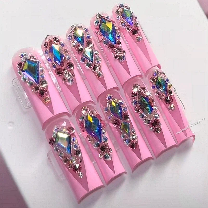 XXL Luxury Glittery Bling Rhinestone Handmade Press On Nails Artificial Nails False Nails Tips Reusable Fake Nail With Glue Gift