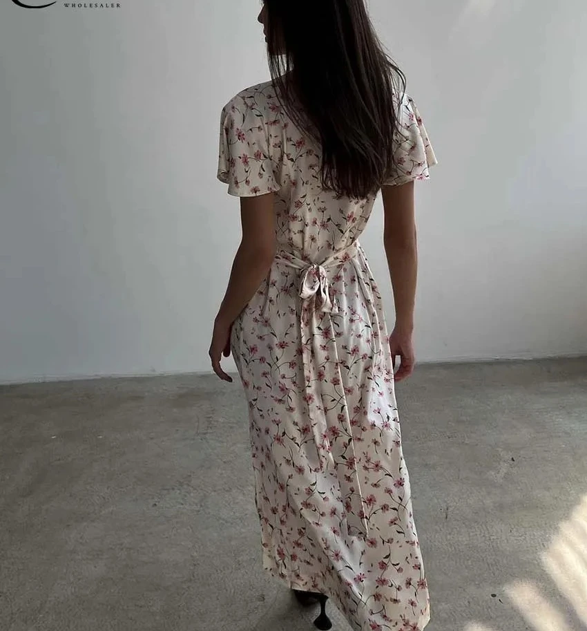 Robe élégante imprimée abricot pour femmes, mode col en v, manches courtes, à lacets, simple boutonnage, mi-mollet, nouvelle collection automne