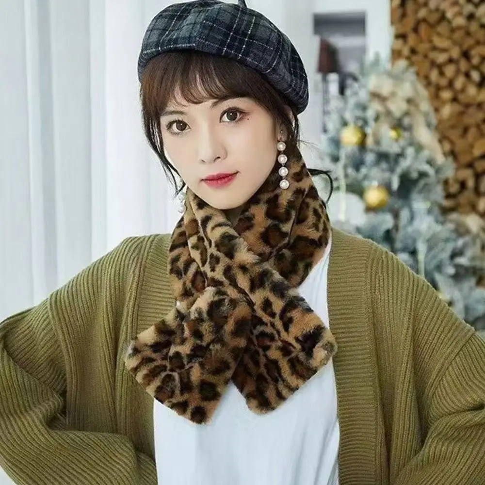 Korean Style Thicken Warm Leopard Print Scarf Soft Faux Rabbit Fur Scarf Faux Collar Windproof Cross Scarf Winter Season