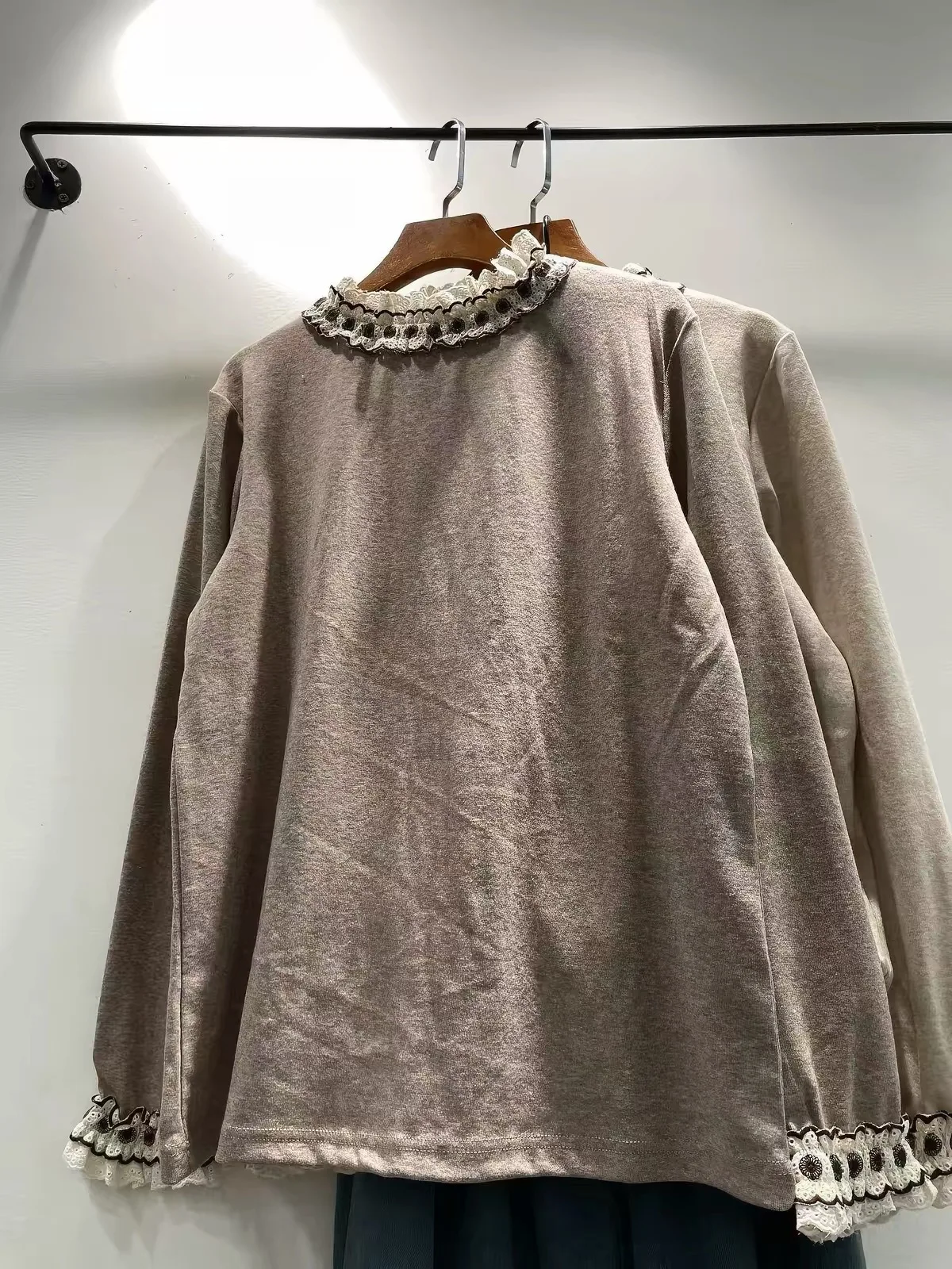 Mori Girl Vintage 100% Cotton Ruffled Lace Trim Knit Top for Women Round Neck Long Sleeve Pullover Shirt Soft Loose Blouse