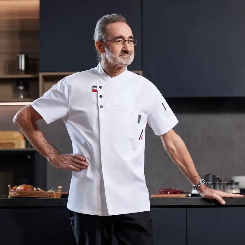 High End Denim Breathable Chef Workwear Short Sleeved Men's Kitchen Cooking Jacket Hotel Chef Uniform With Printed Patterns