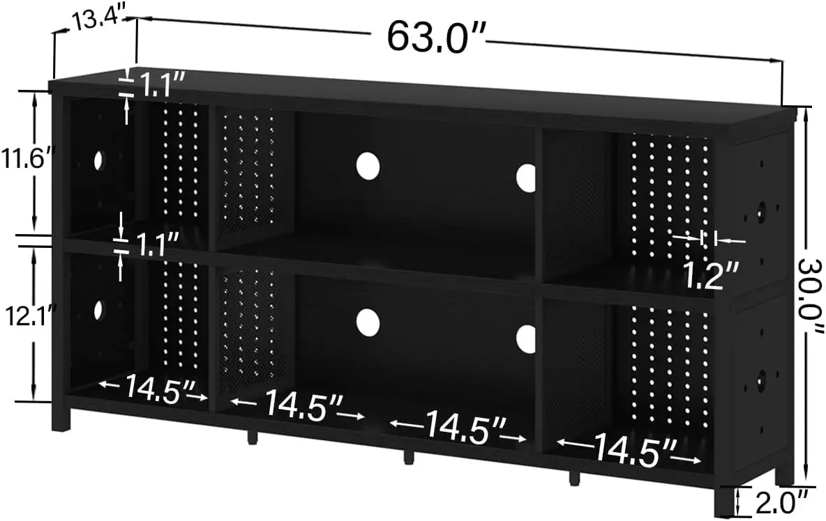 Horizontal Bookshelf,Cube Storage Organizer , Industrial Wide Long Wood Metal , Low Large Cube for Office Home, Black Oak, 63 In