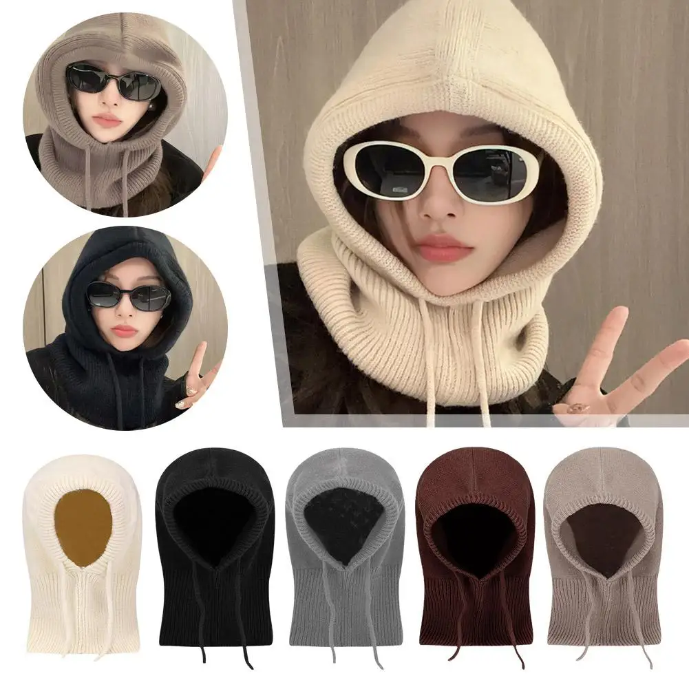 Balaclava Hats Women Knitted Hooded Caps Winter Korean Drawstring Warmer Neck Style Hooded Outdoor Hats Collar Knitted Wind O0f3