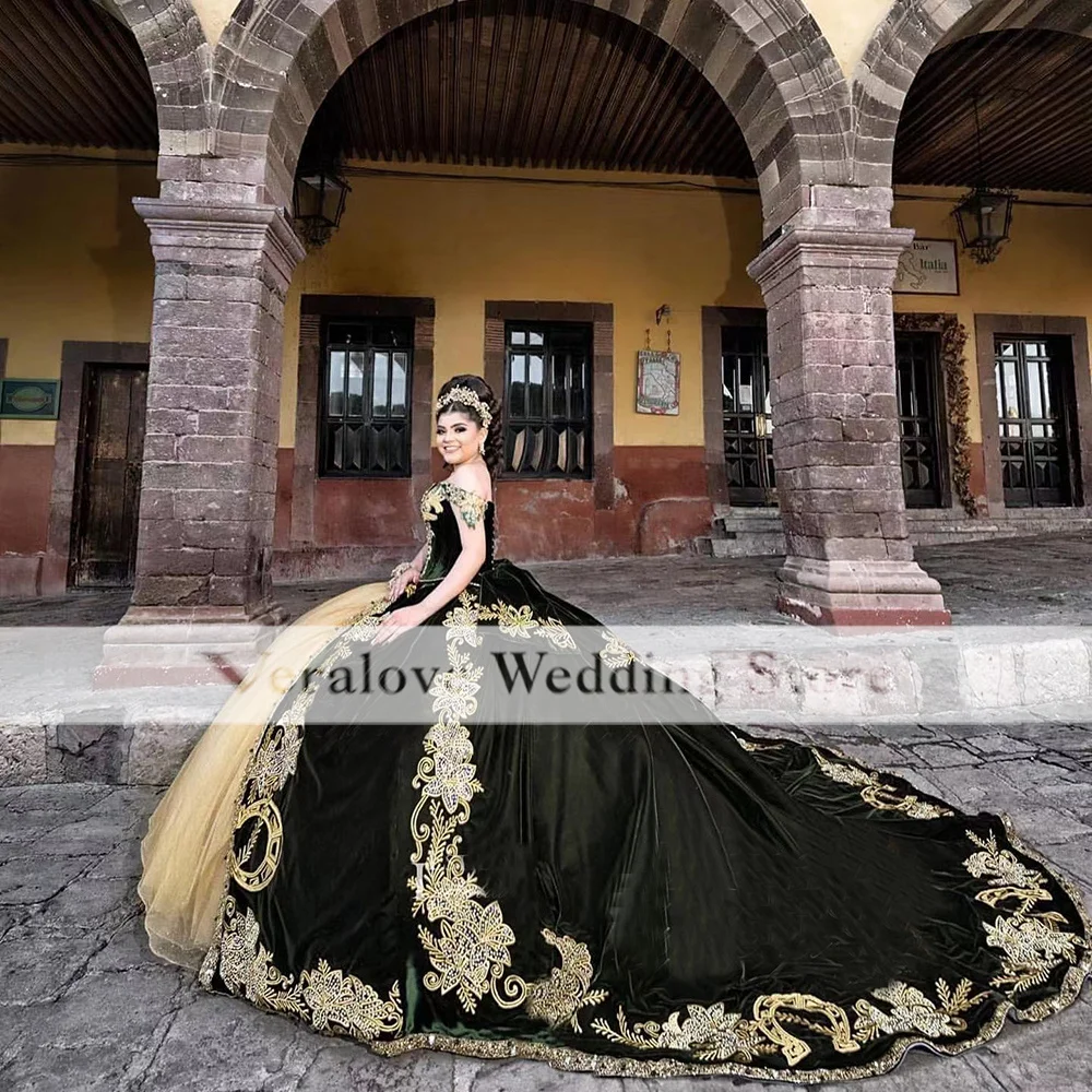 Charro Vestidos De Xv Años Mexicaanse Quinceanera Jurk Voor Meisjes 2022 Borduren Kant Donkergroen Fluwelen Zoete 15 Party Wear