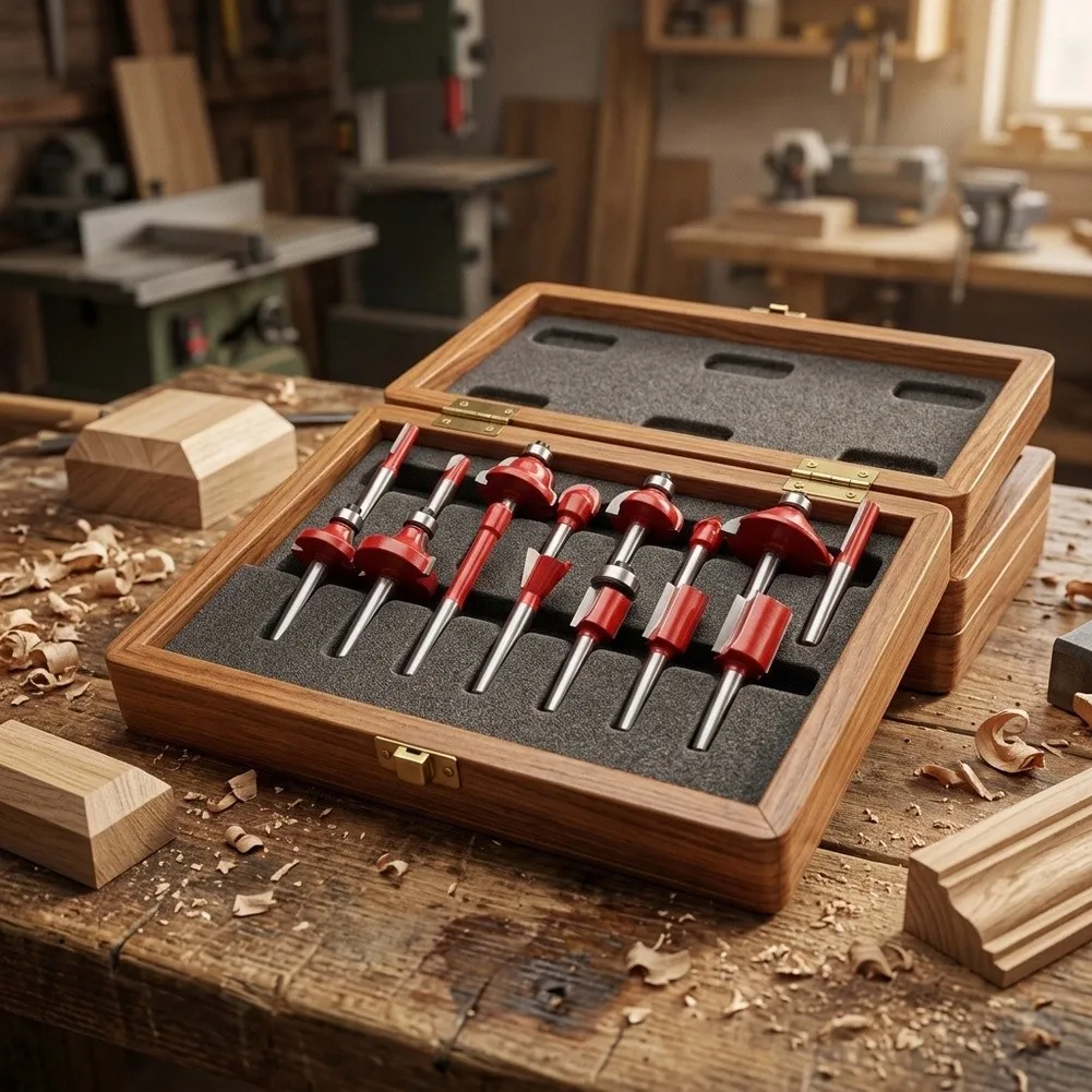 Hardened Steel Router Bit Set 15 Pieces 1/4 Inch Shank for Reduced Vibration and Smoother Cuts in Wood-Based Materials
