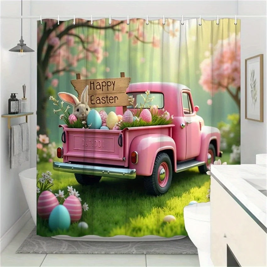 

1 шт. винтажная розовая пасхальная занавеска для душа с кроликом и пастельными яйцами - химерный дизайн с весенними цветами, прочный полиэстер,