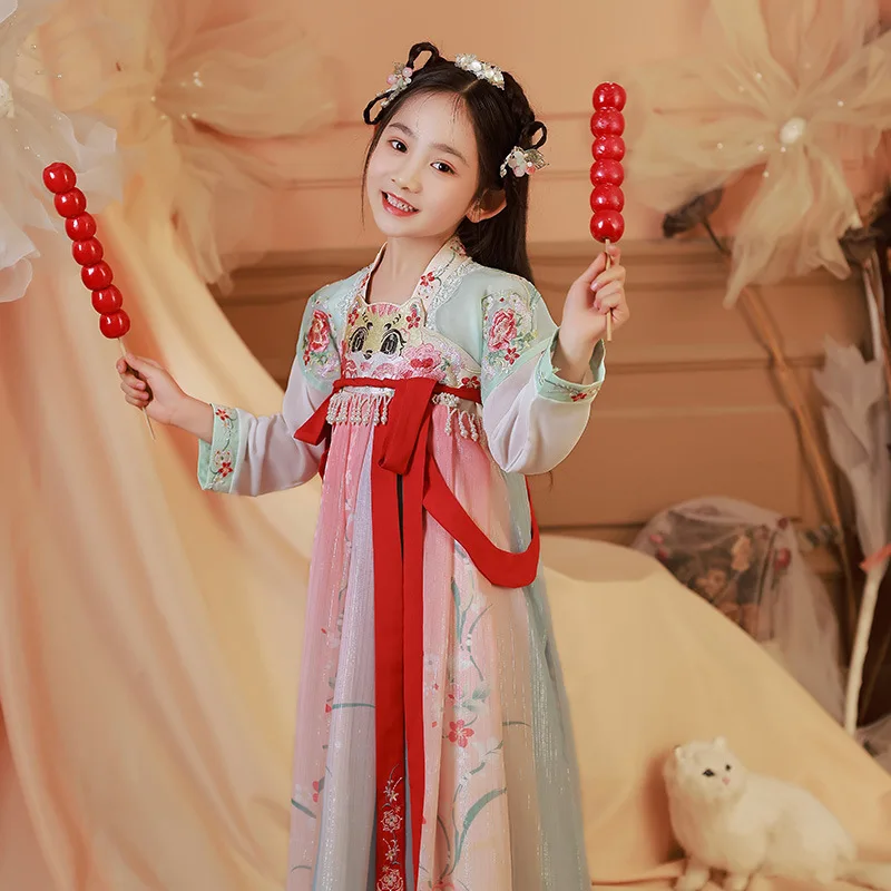 Kids Chiffon Spring Summer Ancient Hanfu Girls Long Sleeve Embroidery Tang Suit Children Chinese Lovely Perform Costumes