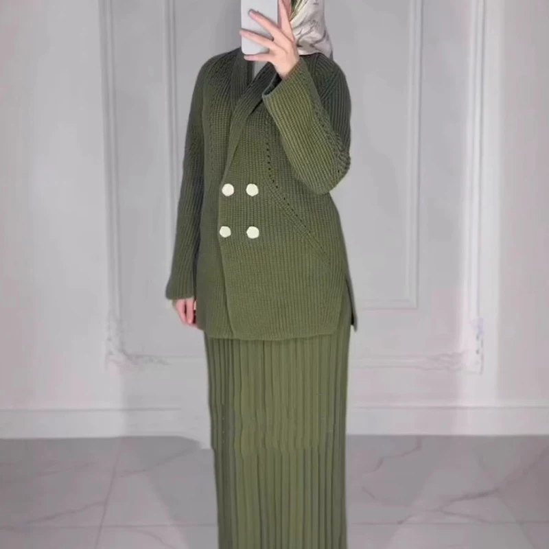 Spring Women Knit Two Piece Set Lapel Long Sleeve Button Sweater+Folded High Waist Knee Bust Skirt Autumn Female Knitted Outfit